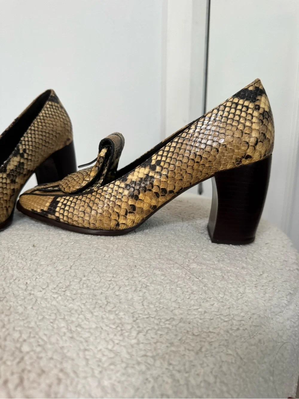 Tory Burch Snake-Print Block Heel Loafers - Beige & Black